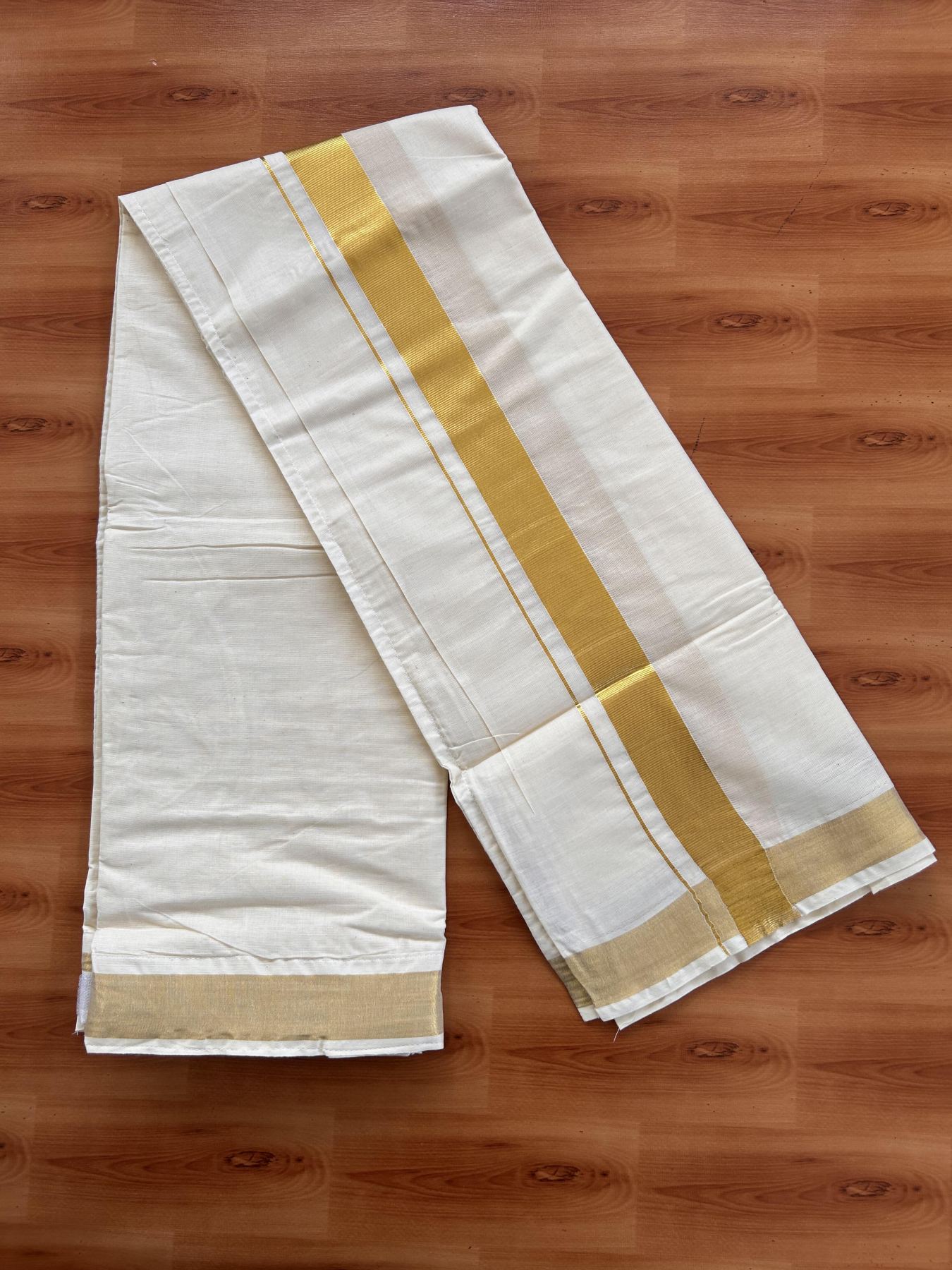 Double Off White Velcro Mundu/Dhoti - 20% Discount !! KaithariKada Balaramapuram 100% Pure Cotton - 1.5 inch Gold Kasav Kara 3.77 mtr (8 muzham) - 2 KK5434 GAN