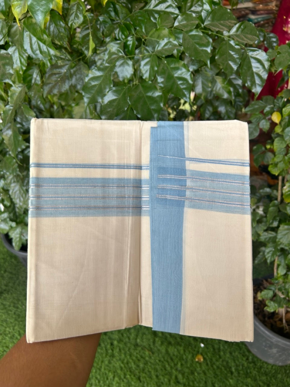 20% Discount ! KaithariKada Balaramapuram 100% Cotton Off White (Unbleached) Double Mundu/Dhoti - 80s - 2 inch Silver Kasav & Baby Blue Shaded Stripes kara 4 mtr (8.5 muzham) - 14 KK5302 MUT