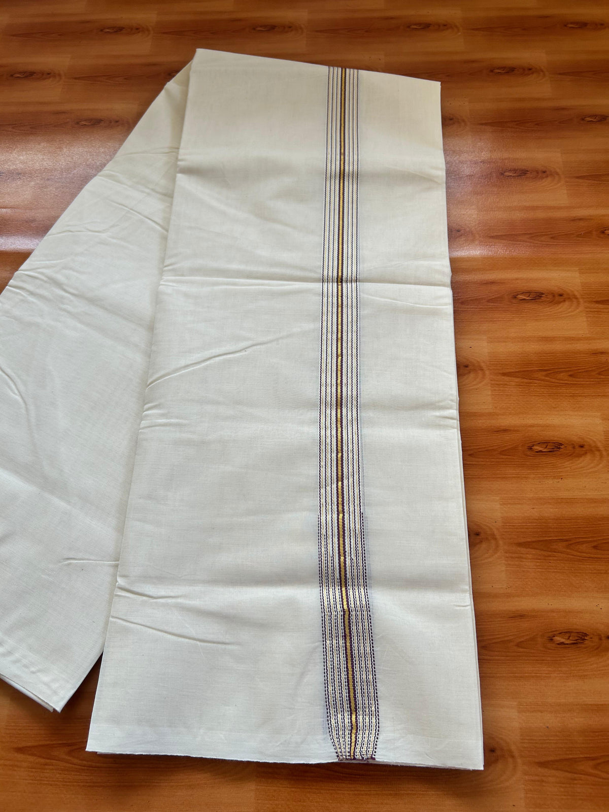 Double Off white Mundu/Dhoti - 20% Discount! KaithariKada - 100% Cotton  100x100 - 1 inch Puliyilakkara Gold Kasav & Purple 12 Line Chutty Kara - 4 mtr (8.5 muzham) -  7 KK5477 ASH