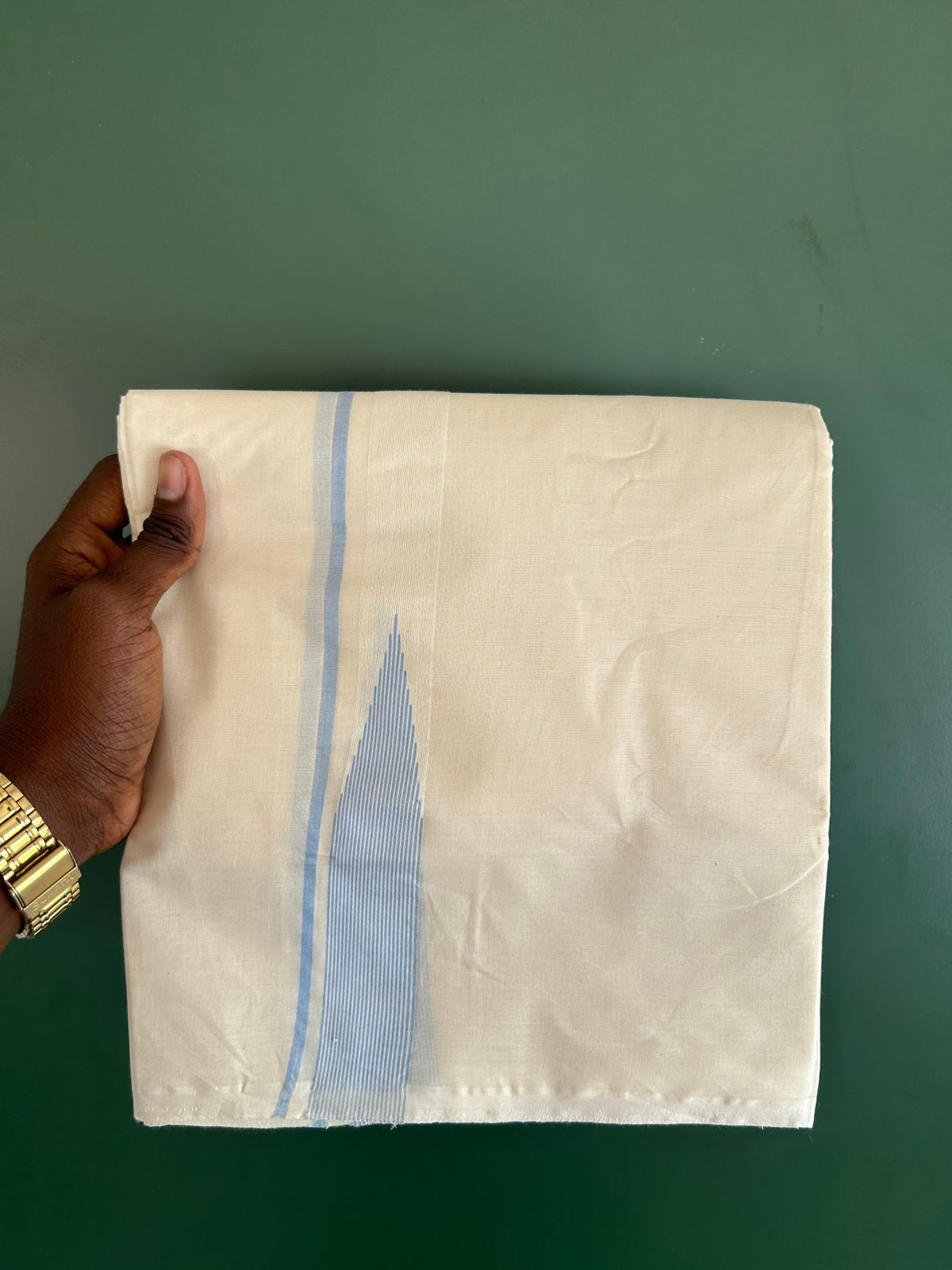 Double Off White (Unbleached) Mundu/Dhoti - 20% Discount!! KaithariKada Pulimood 100% Cotton 100X100 - 1 inch Puliyilakkara Light Blue Chutty Kara - 4 mtr (8.5 muzham) - 11 KK5545 ASH