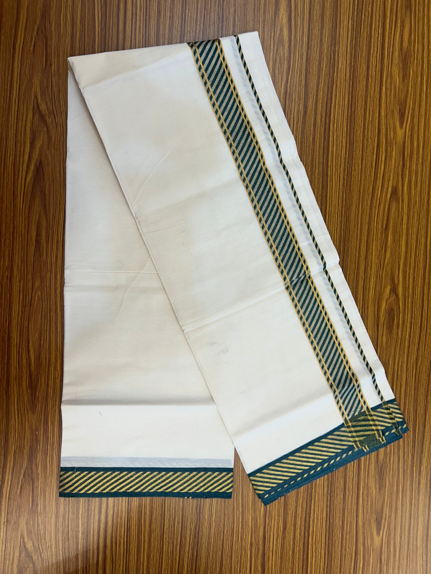 20% Discount ! KaithariKada Balaramapuram 100% Pure Cotton Single Off White Mundu/Dhoti - 30X70 - 1.5 inch Gold Kasav & Green Jacquard Design kara 2 mtr (4 Muzham) - 4 KK5327 CJT