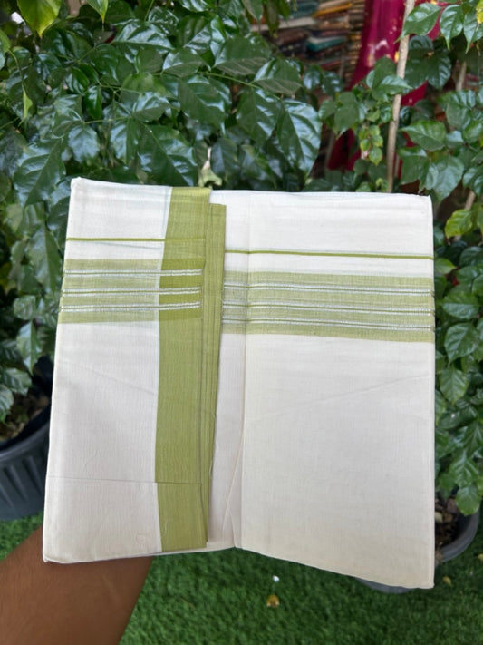 20% Discount ! KaithariKada Balaramapuram 100% Cotton Off White (Unbleached) Double Mundu/Dhoti - 80s - 2 inch Silver Kasav & Mustard Green Shaded Stripes kara 4 mtr (8.5 muzham) - 18 KK5302 MUT