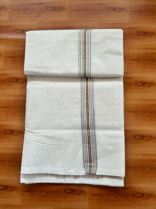 Double Off white Mundu/Dhoti - 20% Discount! KaithariKada - 100% Cotton  100x100 - 1 inch Puliyilakkara Gold Kasav & Purple 12 Line Chutty Kara - 4 mtr (8.5 muzham) -  7 KK5477 ASH