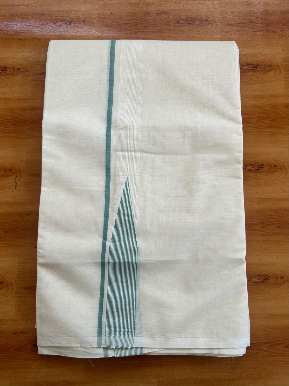 Double Off White (Unbleached) Mundu/Dhoti - 20% Discount!! KaithariKada Pulimood 100% Cotton 100X100 - 1.25 inch Puliyilakkara Teel Green Chutty Kara - 4 mtr (8.5 muzham) - 10 KK5545 ASH