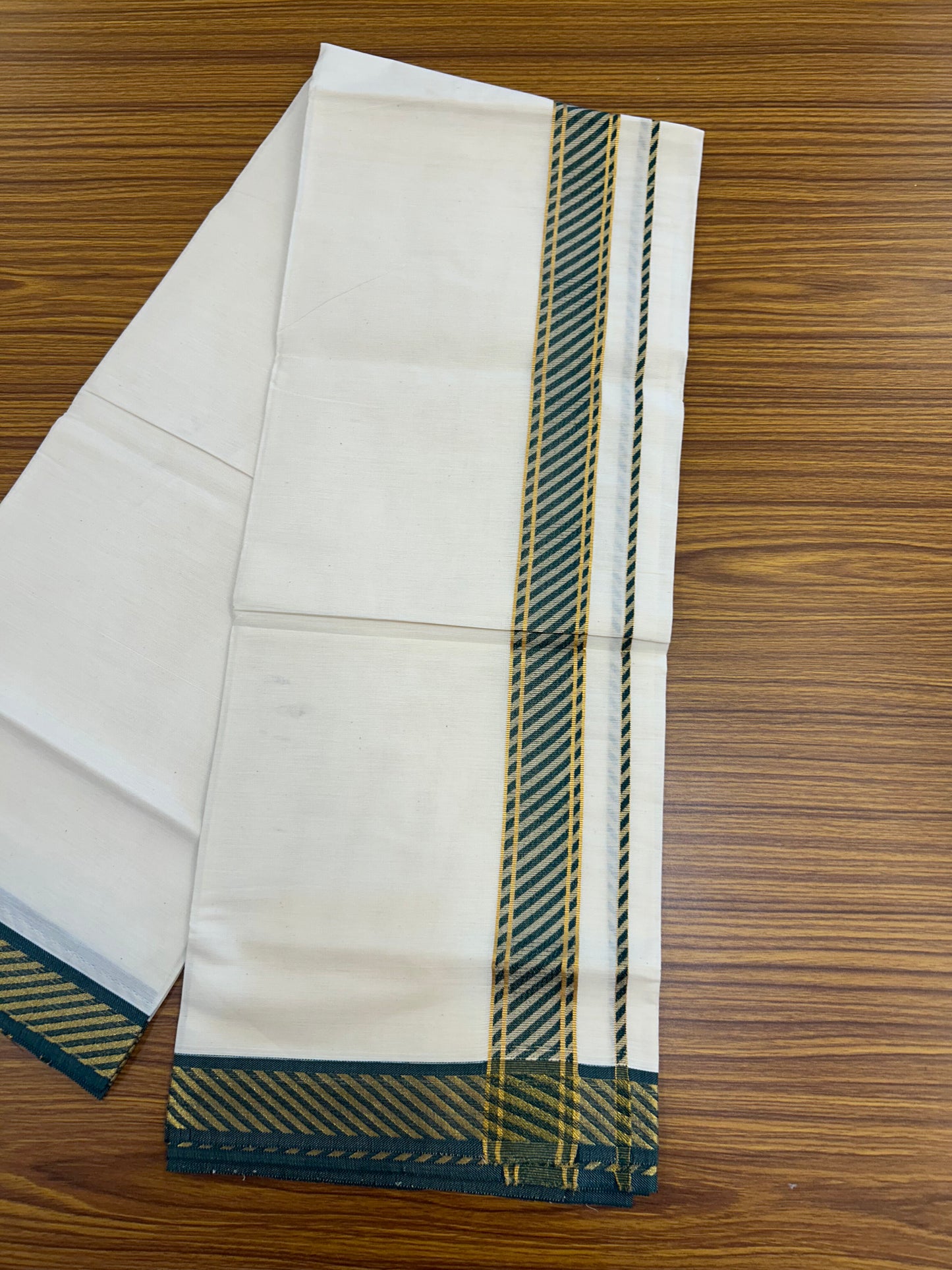 20% Discount ! KaithariKada Balaramapuram 100% Pure Cotton Single Off White Mundu/Dhoti - 30X70 - 1.5 inch Gold Kasav & Green Jacquard Design kara 2 mtr (4 Muzham) - 4 KK5327 CJT