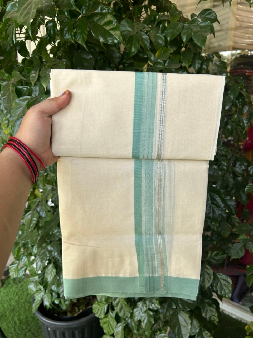20% Discount ! KaithariKada Balaramapuram 100% Cotton Off White (Unbleached) Double Mundu/Dhoti - 80s - 1.5 inch Silver Kasav & Blue Green Stripes Chutty kara 4 mtr (8.5 muzham) - 8 KK5302 MUT