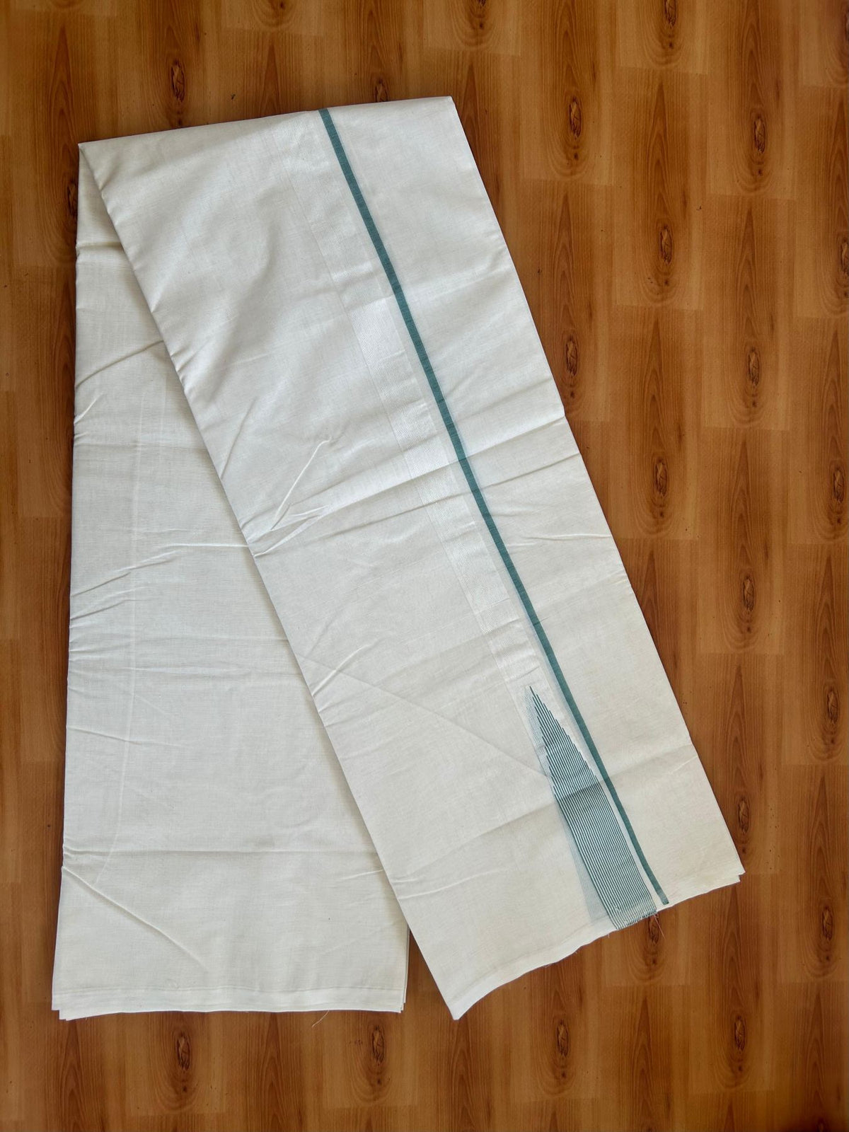 Double Off White (Unbleached) Mundu/Dhoti - 20% Discount!! KaithariKada Pulimood 100% Cotton 100X100 - 1.25 inch Puliyilakkara Teel Green Chutty Kara - 4 mtr (8.5 muzham) - 10 KK5545 ASH