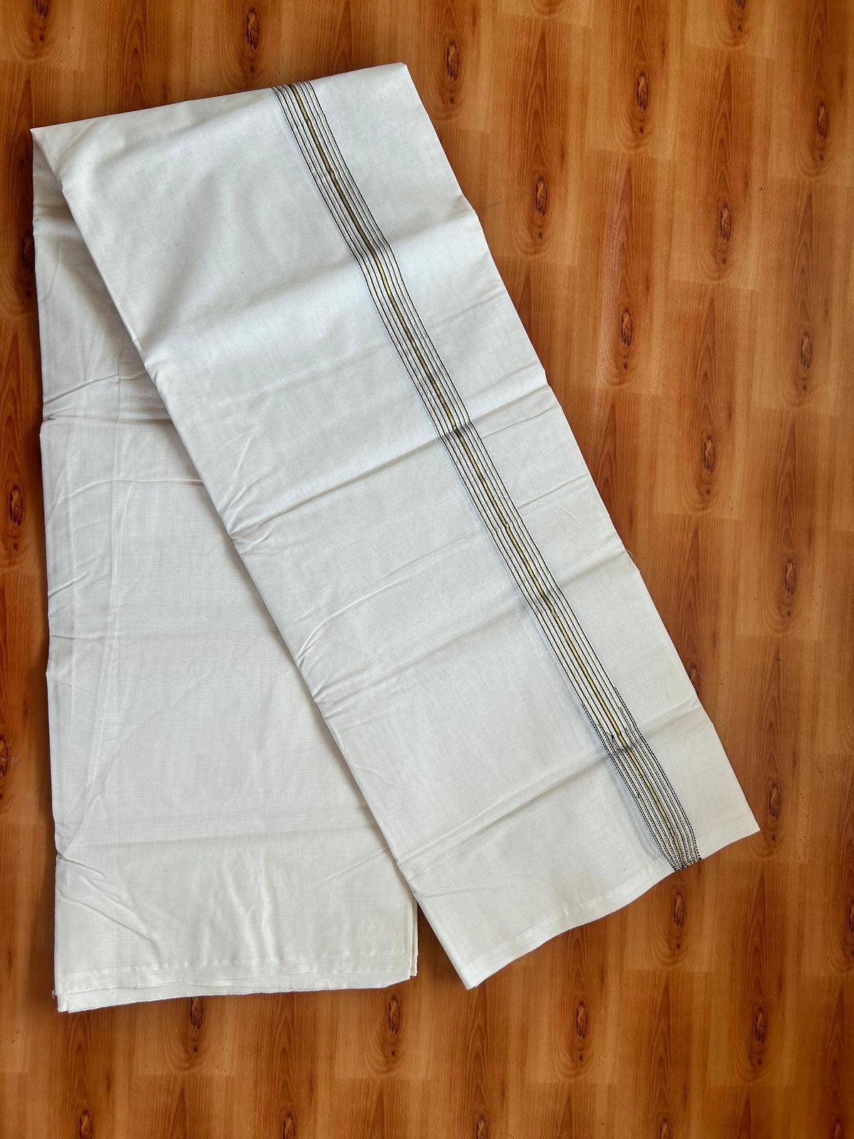 Double Off white Mundu/Dhoti - 20% Discount! KaithariKada - 100% Cotton  100x100 - 1 inch Puliyilakkara Gold Kasav & Black 12 Line Chutty Kara - 4 mtr (8.5 muzham) -  8 KK5477 ASH