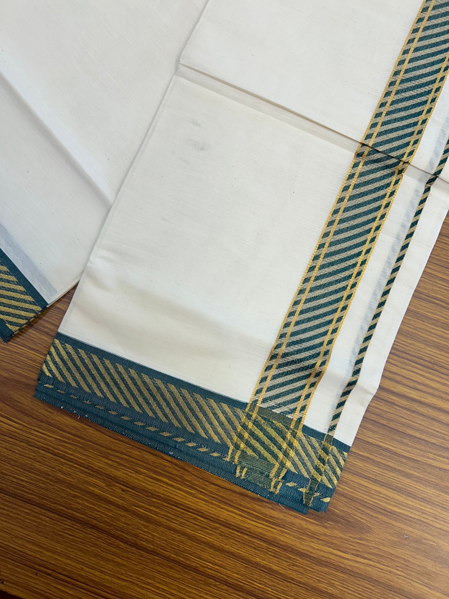 20% Discount ! KaithariKada Balaramapuram 100% Pure Cotton Single Off White Mundu/Dhoti - 30X70 - 1.5 inch Gold Kasav & Green Jacquard Design kara 2 mtr (4 Muzham) - 4 KK5327 CJT