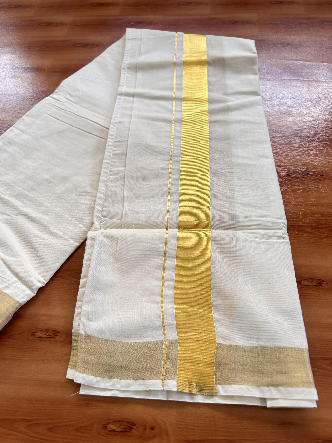 Double Off White Velcro Mundu/Dhoti - 20% Discount !! KaithariKada Balaramapuram 100% Pure Cotton - 1.5 inch Gold Kasav Kara 3.77 mtr (8 muzham) - 2 KK5434 GAN