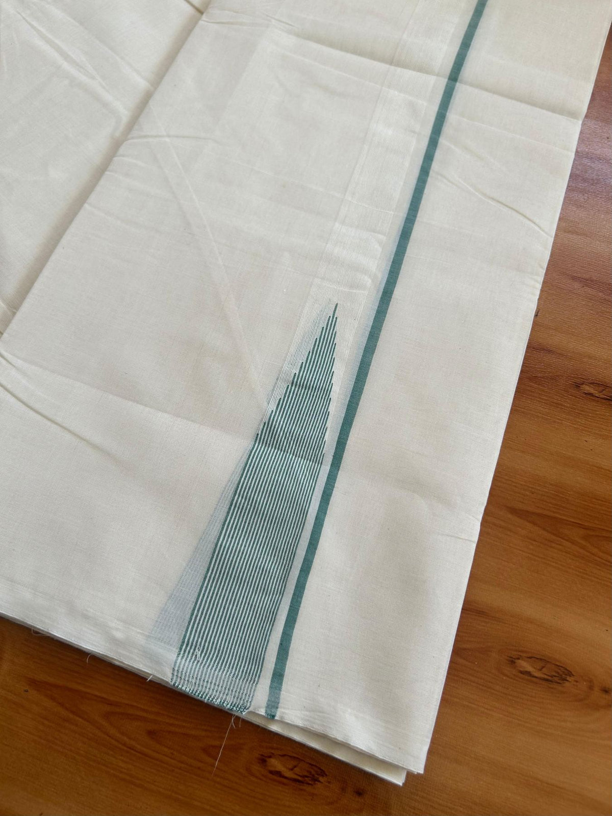 Double Off White (Unbleached) Mundu/Dhoti - 20% Discount!! KaithariKada Pulimood 100% Cotton 100X100 - 1.25 inch Puliyilakkara Teel Green Chutty Kara - 4 mtr (8.5 muzham) - 10 KK5545 ASH