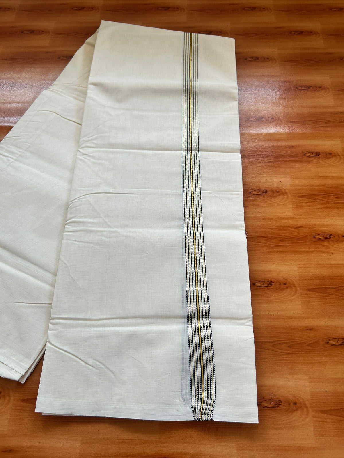 Double Off white Mundu/Dhoti - 20% Discount! KaithariKada - 100% Cotton  100x100 - 1 inch Puliyilakkara Gold Kasav & Black 12 Line Chutty Kara - 4 mtr (8.5 muzham) -  8 KK5477 ASH