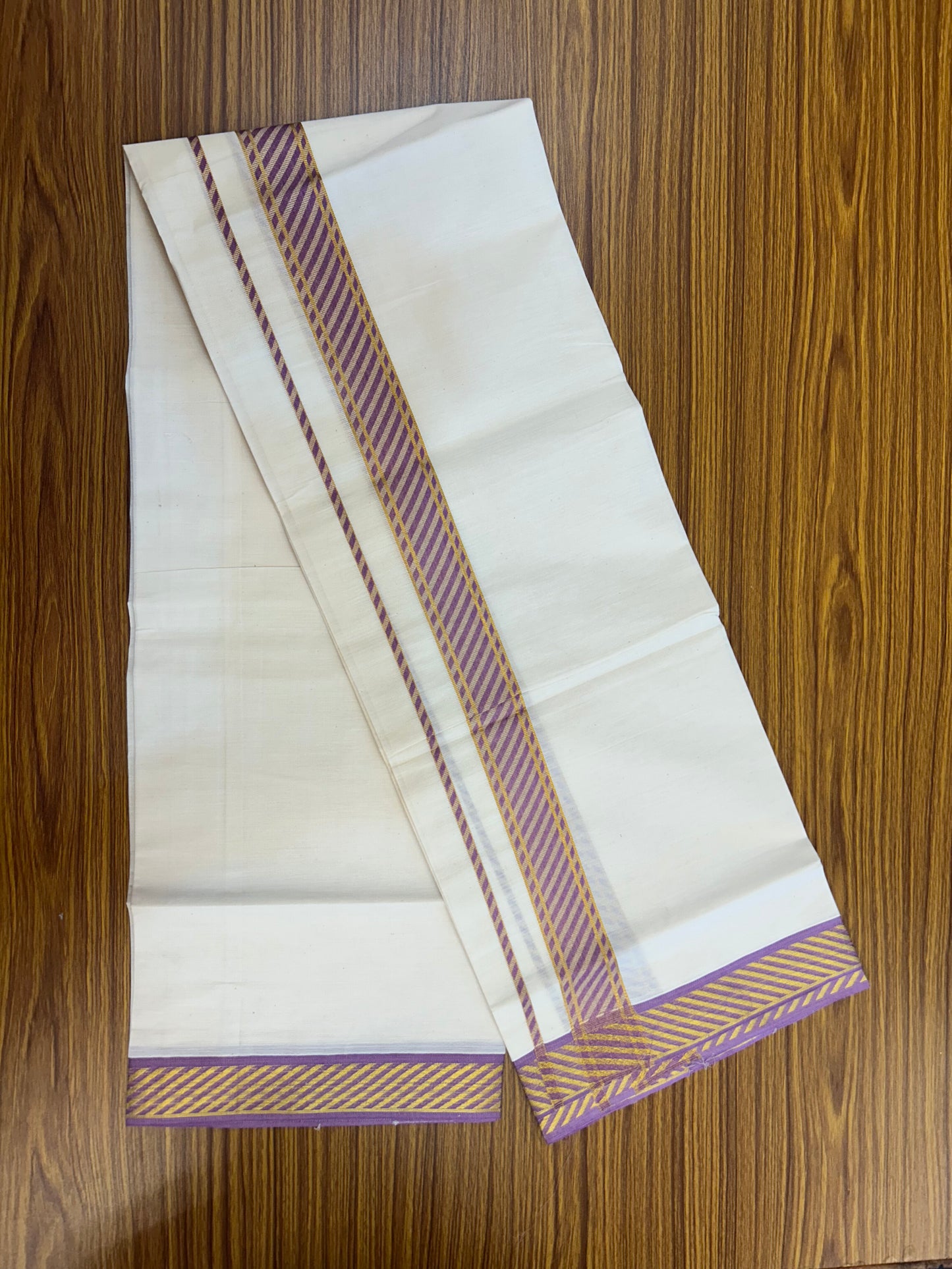20% Discount ! KaithariKada Balaramapuram 100% Pure Cotton Single Off White Mundu/Dhoti - 30X70 - 1.5 inch Gold Kasav & Magenta Jacquard Design kara 2 mtr (4 Muzham) - 3 KK5327 CJT