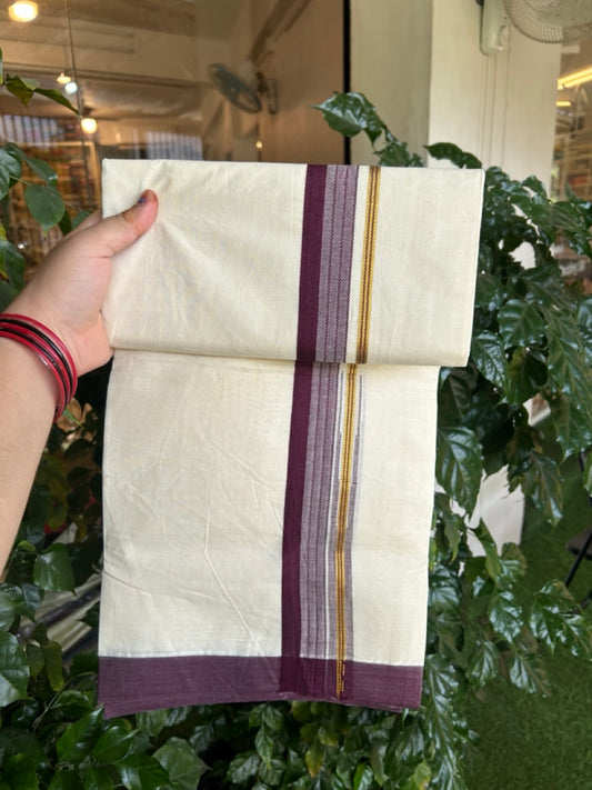 20% Discount ! KaithariKada Balaramapuram 100% Cotton Off White (Unbleached) Double Mundu/Dhoti - 80s - 1.5 inch Gold Kasav & Wine Purple Stripes Chutty kara 4 mtr (8.5 muzham) - 1 KK5302 MUT