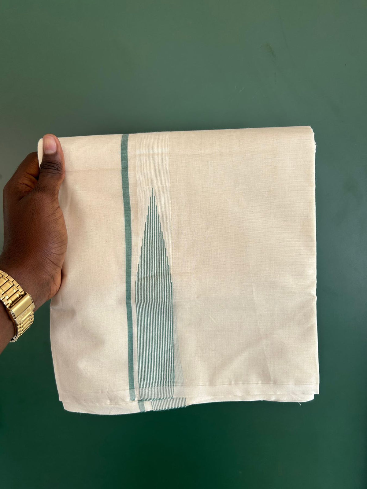 Double Off White (Unbleached) Mundu/Dhoti - 20% Discount!! KaithariKada Pulimood 100% Cotton 100X100 - 1.25 inch Puliyilakkara Teel Green Chutty Kara - 4 mtr (8.5 muzham) - 10 KK5545 ASH