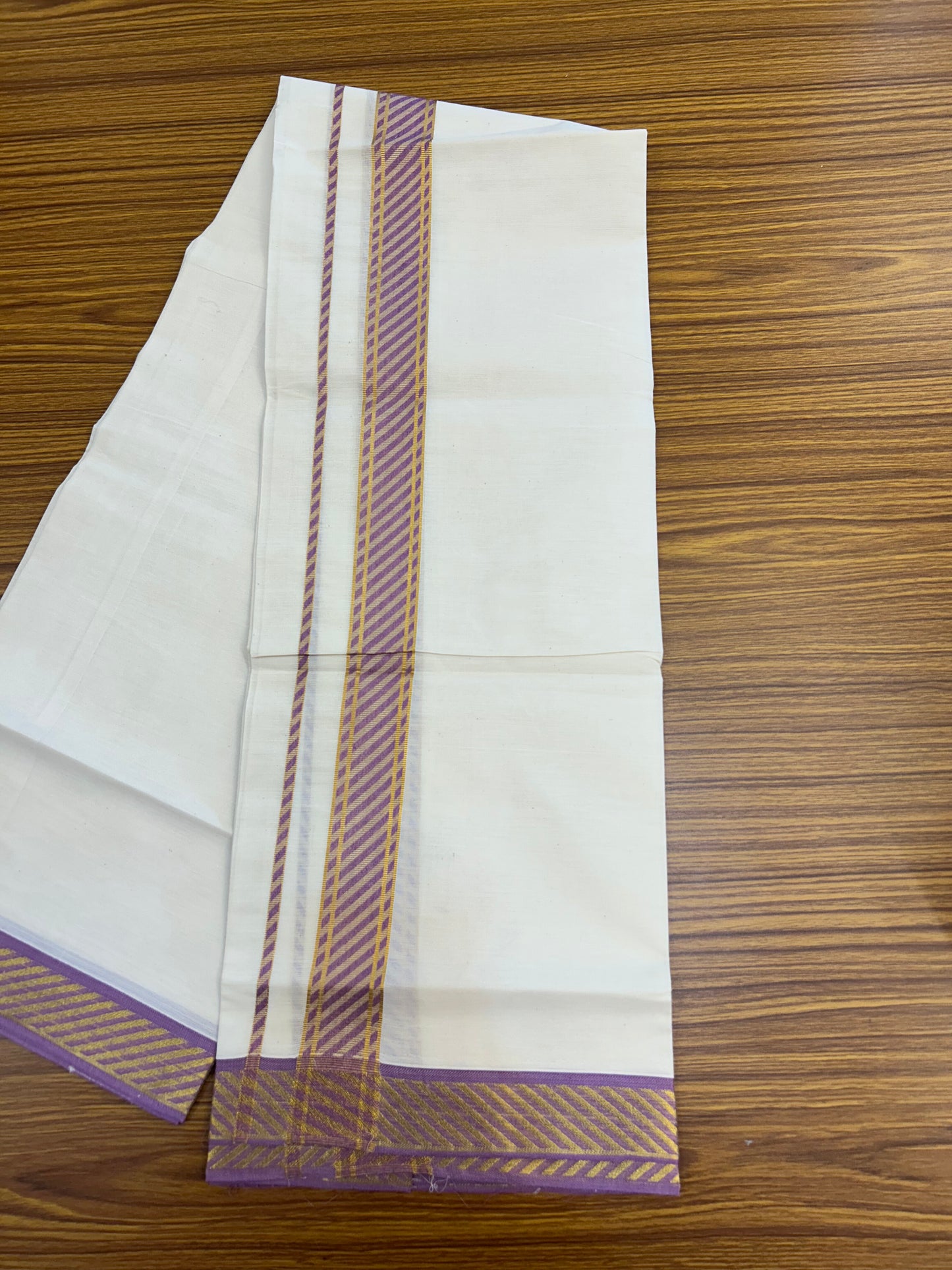 20% Discount ! KaithariKada Balaramapuram 100% Pure Cotton Single Off White Mundu/Dhoti - 30X70 - 1.5 inch Gold Kasav & Magenta Jacquard Design kara 2 mtr (4 Muzham) - 3 KK5327 CJT