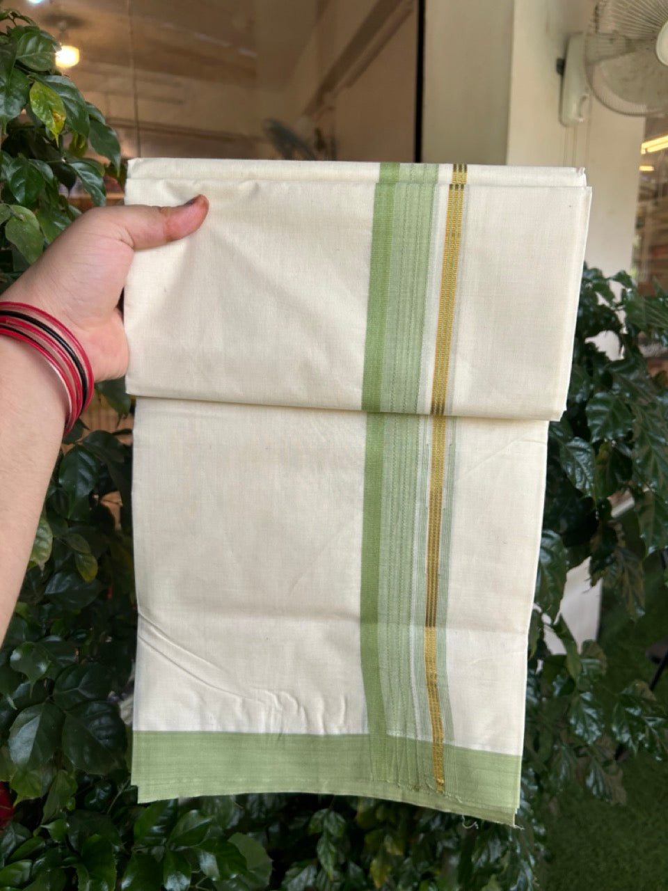 20% Discount ! KaithariKada Balaramapuram 100% Cotton Off White (Unbleached) Double Mundu/Dhoti - 80s - 1.5 inch Gold Kasav & Pista Green Stripes Chutty kara 4 mtr (8.5 muzham) - 4 KK5302 MUT
