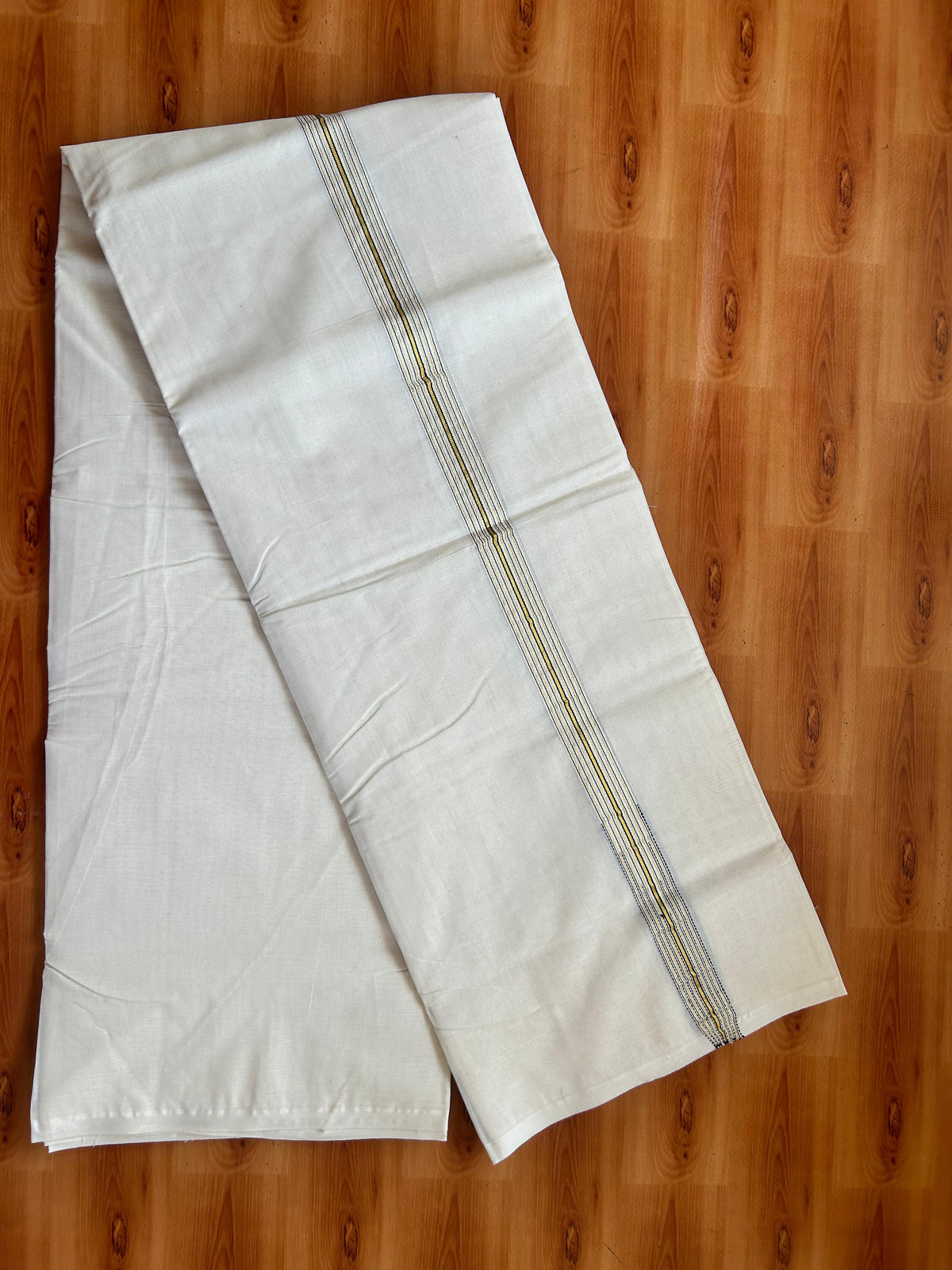 Double Off white Mundu/Dhoti - 20% Discount! KaithariKada - 100% Cotton  100x100 - 1 inch Puliyilakkara Gold Kasav & Navy Blue 12 Line Chutty Kara - 4 mtr (8.5 muzham) -  9 KK5477 ASH