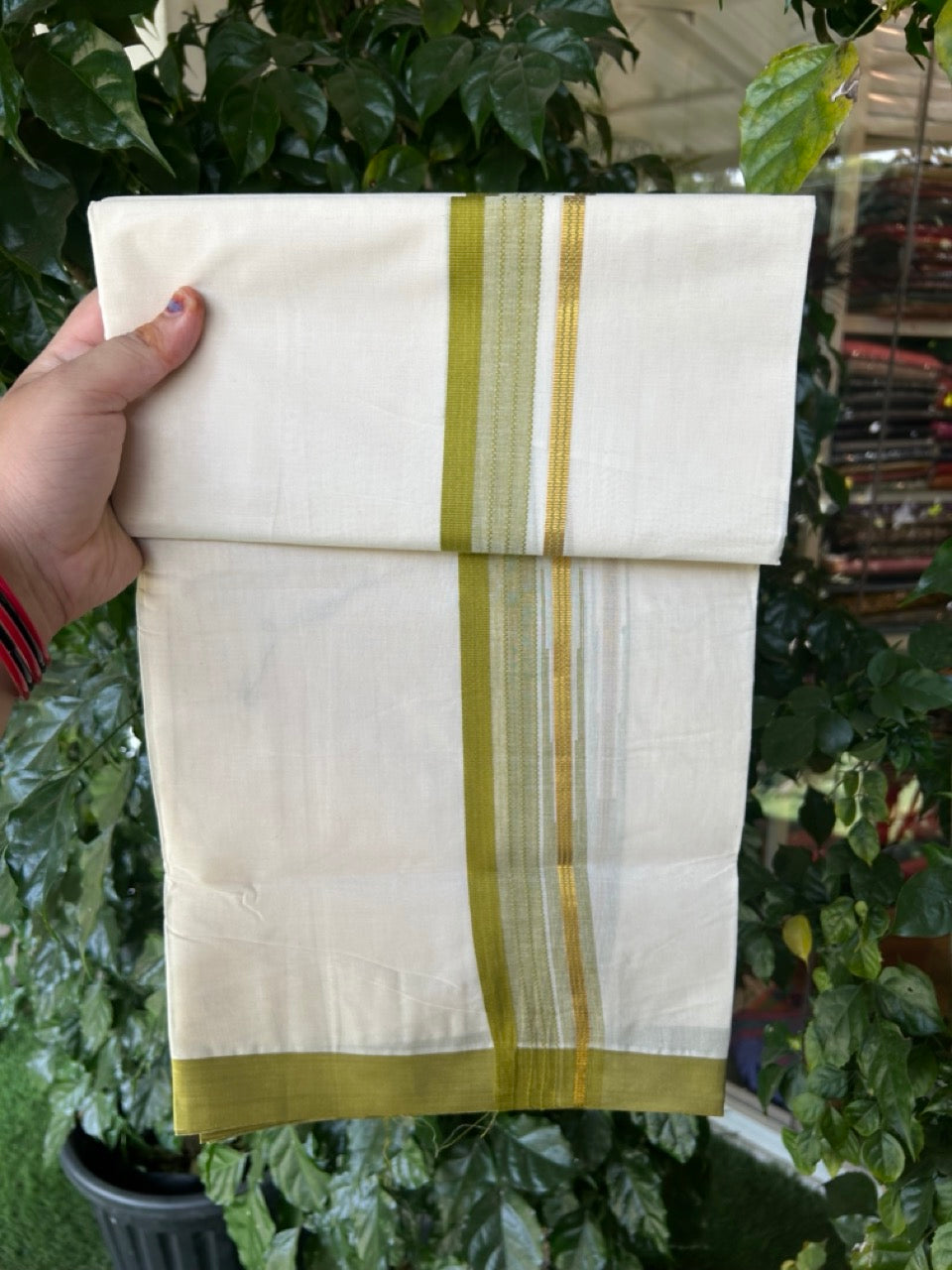 20% Discount ! KaithariKada Balaramapuram 100% Cotton Off White (Unbleached) Double Mundu/Dhoti - 80s - 1.5 inch Gold Kasav & Light Olive Green Stripes Chutty kara 4 mtr (8.5 muzham) - 5 KK5302 MUT