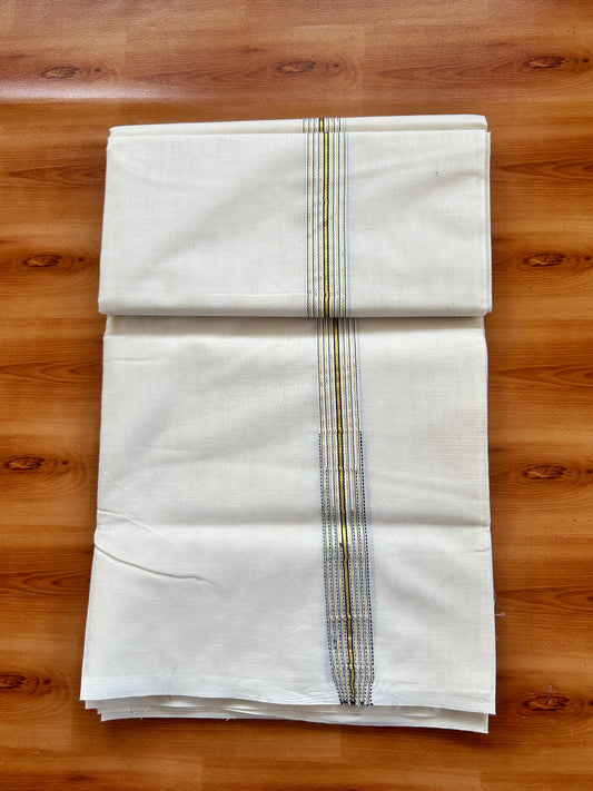 Double Off white Mundu/Dhoti - 20% Discount! KaithariKada - 100% Cotton  100x100 - 1 inch Puliyilakkara Gold Kasav & Navy Blue 12 Line Chutty Kara - 4 mtr (8.5 muzham) -  9 KK5477 ASH