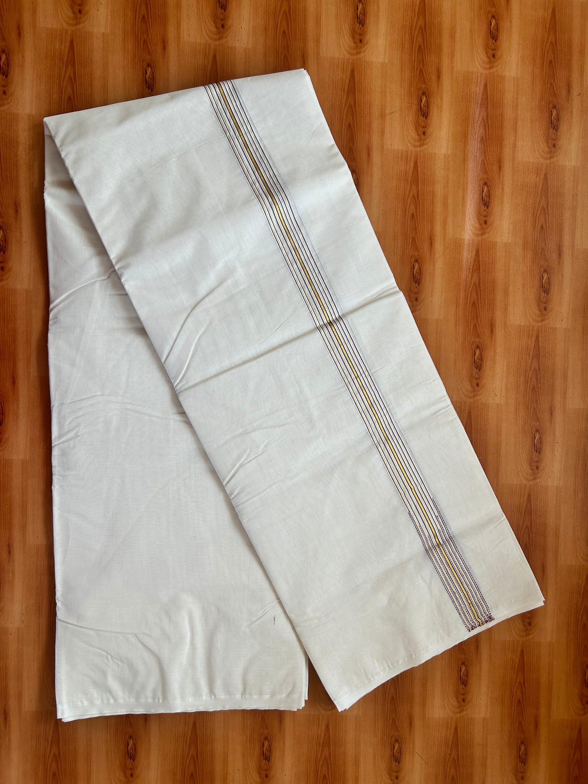 Double Off white Mundu/Dhoti - 20% Discount! KaithariKada - 100% Cotton  100x100 - 1 inch Puliyilakkara Gold Kasav & Wine Purple 12 Line Chutty Kara - 4 mtr (8.5 muzham) -  10 KK5477 ASH