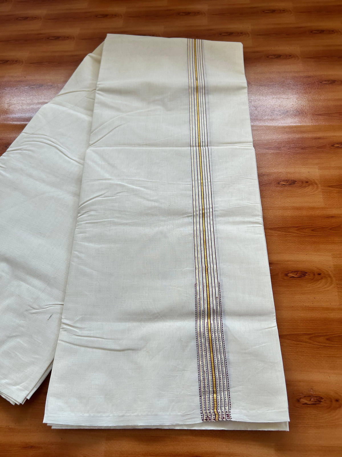 Double Off white Mundu/Dhoti - 20% Discount! KaithariKada - 100% Cotton  100x100 - 1 inch Puliyilakkara Gold Kasav & Wine Purple 12 Line Chutty Kara - 4 mtr (8.5 muzham) -  10 KK5477 ASH