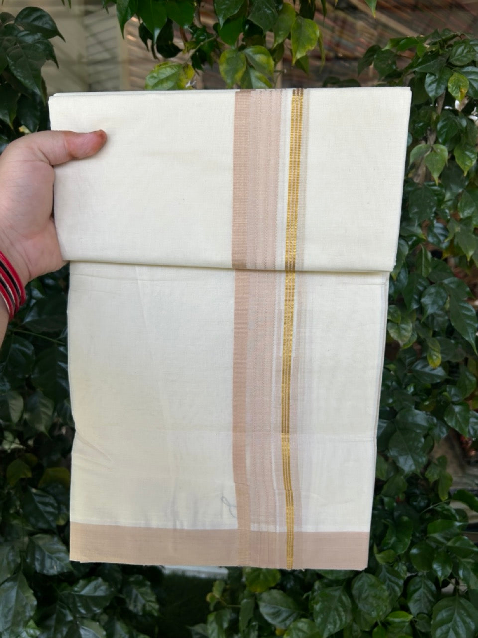 20% Discount ! KaithariKada Balaramapuram 100% Cotton Off White (Unbleached) Double Mundu/Dhoti - 80s - 1.5 inch Gold Kasav & Sand Brown Stripes Chutty kara 4 mtr (8.5 muzham) - 3 KK5302 MUT
