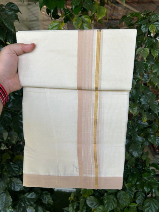 20% Discount ! KaithariKada Balaramapuram 100% Cotton Off White (Unbleached) Double Mundu/Dhoti - 80s - 1.5 inch Gold Kasav & Sand Brown Stripes Chutty kara 4 mtr (8.5 muzham) - 3 KK5302 MUT