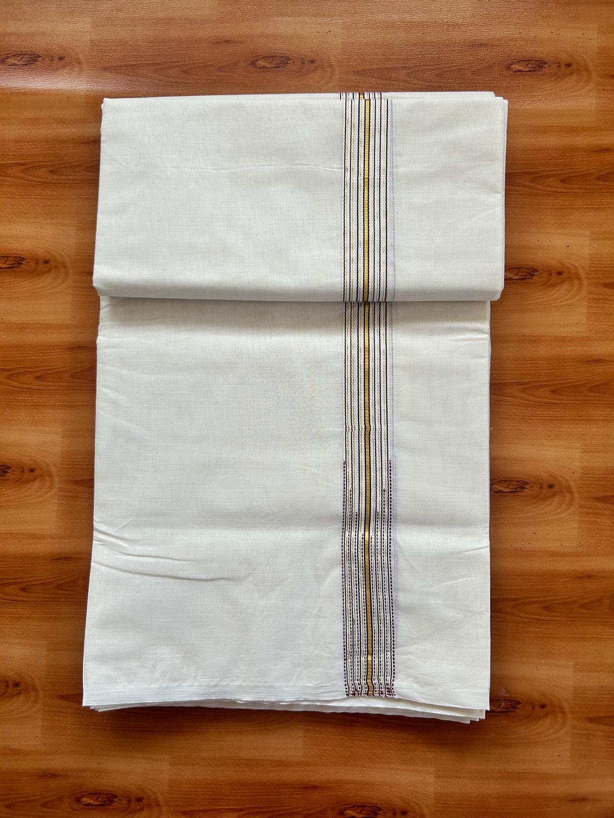 Double Off white Mundu/Dhoti - 20% Discount! KaithariKada - 100% Cotton  100x100 - 1 inch Puliyilakkara Gold Kasav & Wine Purple 12 Line Chutty Kara - 4 mtr (8.5 muzham) -  10 KK5477 ASH