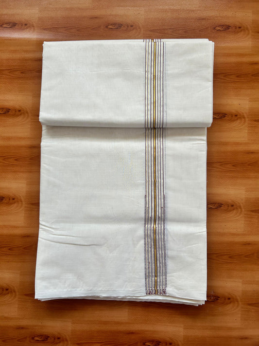Double Off white Mundu/Dhoti - 20% Discount! KaithariKada - 100% Cotton  100x100 - 1 inch Puliyilakkara Gold Kasav & Wine Purple 12 Line Chutty Kara - 4 mtr (8.5 muzham) -  10 KK5477 ASH