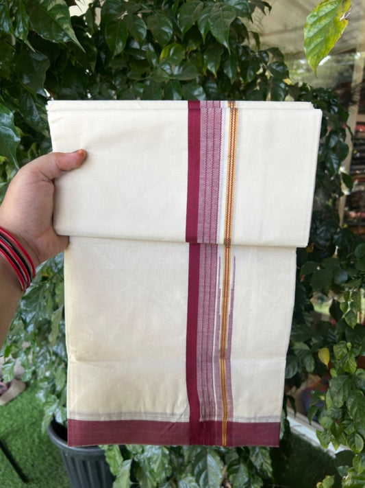 20% Discount ! KaithariKada Balaramapuram 100% Cotton Off White (Unbleached) Double Mundu/Dhoti - 80s - 1.5 inch Gold Kasav & Maroon Stripes Chutty kara 4 mtr (8.5 muzham) - 6 KK5302 MUT