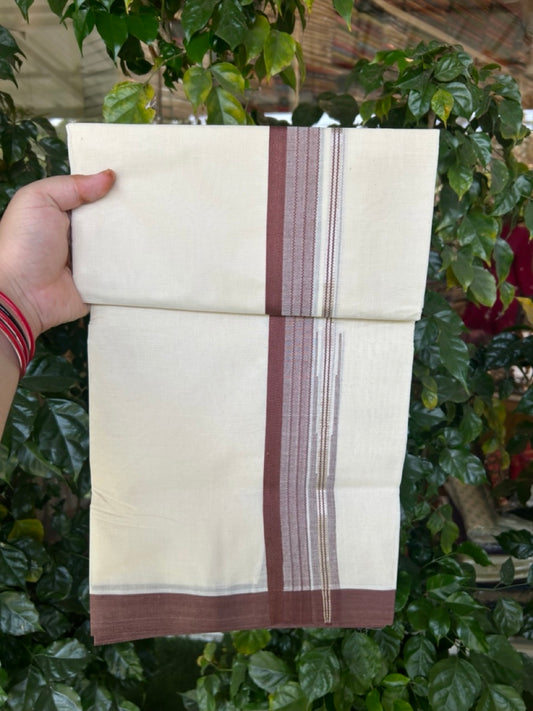 20% Discount ! KaithariKada Balaramapuram 100% Cotton Off White (Unbleached) Double Mundu/Dhoti - 80s - 1.5 inch Silver Kasav & Brown Stripes Chutty kara 4 mtr (8.5 muzham) - 10 KK5302 MUT