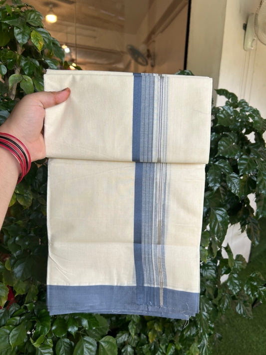 20% Discount ! KaithariKada Balaramapuram 100% Cotton Off White (Unbleached) Double Mundu/Dhoti - 80s - 1.5 inch Silver Kasav & Blue Grey Stripes Chutty kara 4 mtr (8.5 muzham) - 11 KK5302 MUT