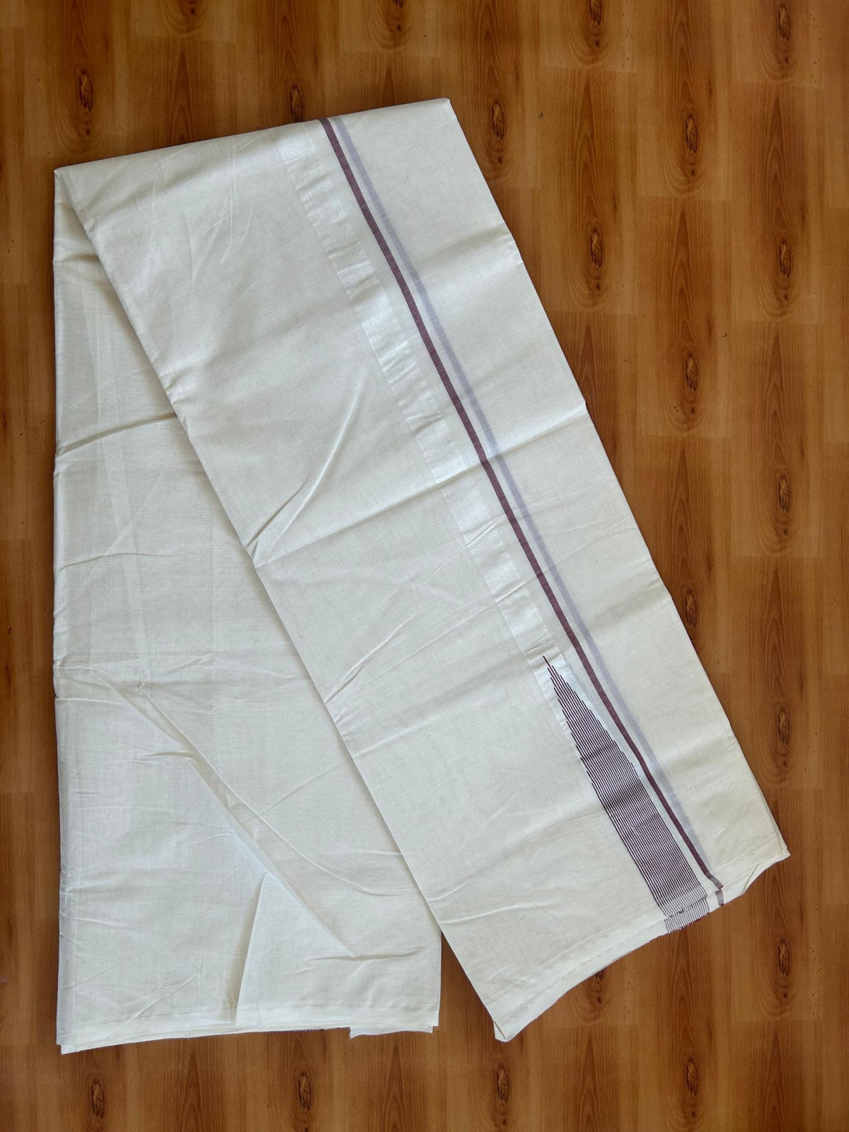 Double Off White (Unbleached) Mundu/Dhoti - 20% Discount!! KaithariKada Pulimood 100% Cotton 100X100 - 1 inch Puliyilakkara Brown Chutty Kara - 4 mtr (8.5 muzham) - 8 KK5545 ASH