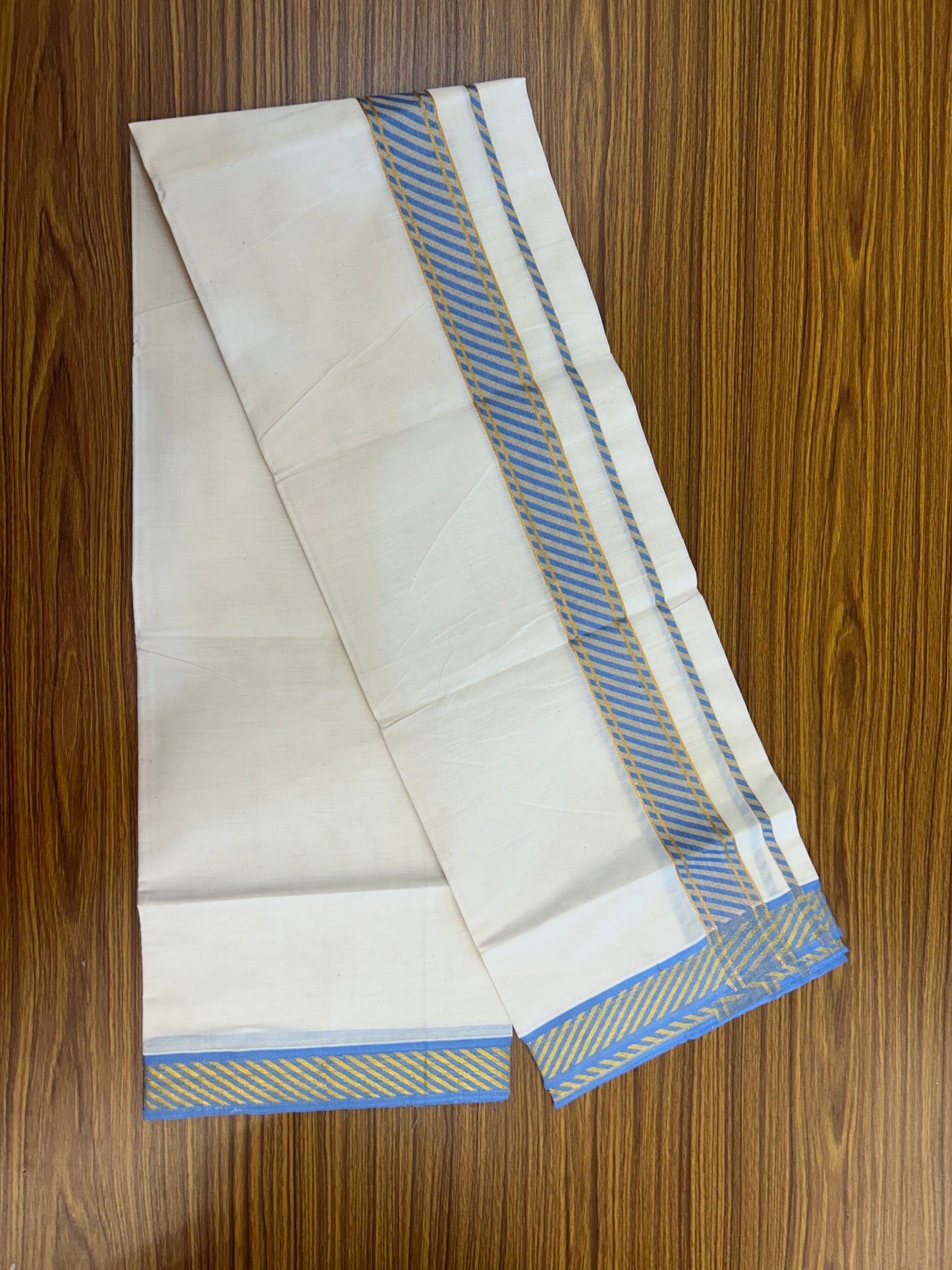 20% Discount ! KaithariKada Balaramapuram 100% Pure Cotton Single Off White Mundu/Dhoti - 30X70 - 1.5 inch Gold Kasav & Sky Blue Jacquard Design kara 2 mtr (4 Muzham) - 2 KK5327 CJT