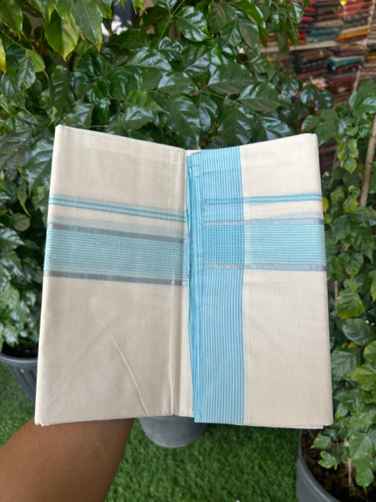 20% Discount ! KaithariKada Balaramapuram 100% Cotton Off White (Unbleached) Double Mundu/Dhoti - 80s - 1.75 inch Silver Kasav & Cyan Shaded Stripes kara 4 mtr (8.5 muzham) - 22 KK5302 MUT