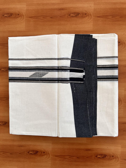 Double Off White  Mundu/Dhoti- 20% Discount! KaithariKada Balaramapuram Pure Cotton - 100x80 - 1.5 inch Silver Kasav & Black Shaded Design Striped Kara - 4mtr (8.5muzham) - 22 KK5428 VAS