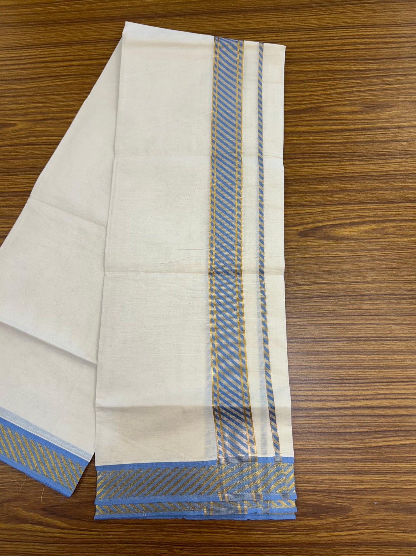 20% Discount ! KaithariKada Balaramapuram 100% Pure Cotton Single Off White Mundu/Dhoti - 30X70 - 1.5 inch Gold Kasav & Sky Blue Jacquard Design kara 2 mtr (4 Muzham) - 2 KK5327 CJT