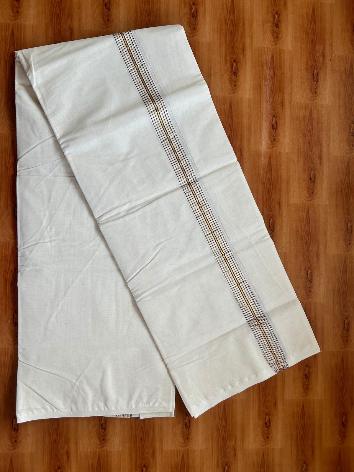 Double Off white Mundu/Dhoti - 20% Discount! KaithariKada - 100% Cotton  100x100 - 1 inch Puliyilakkara Gold Kasav & Light Purple 12 Line Chutty Kara - 4 mtr (8.5 muzham) -  11 KK5477 ASH