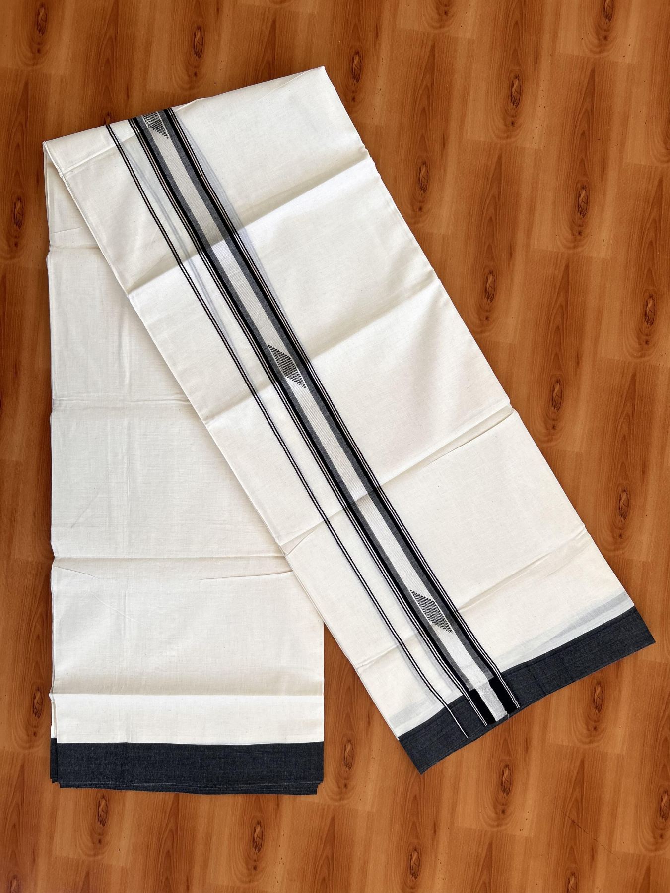 Double Off White  Mundu/Dhoti- 20% Discount! KaithariKada Balaramapuram Pure Cotton - 100x80 - 1.5 inch Silver Kasav & Black Shaded Design Striped Kara - 4mtr (8.5muzham) - 22 KK5428 VAS