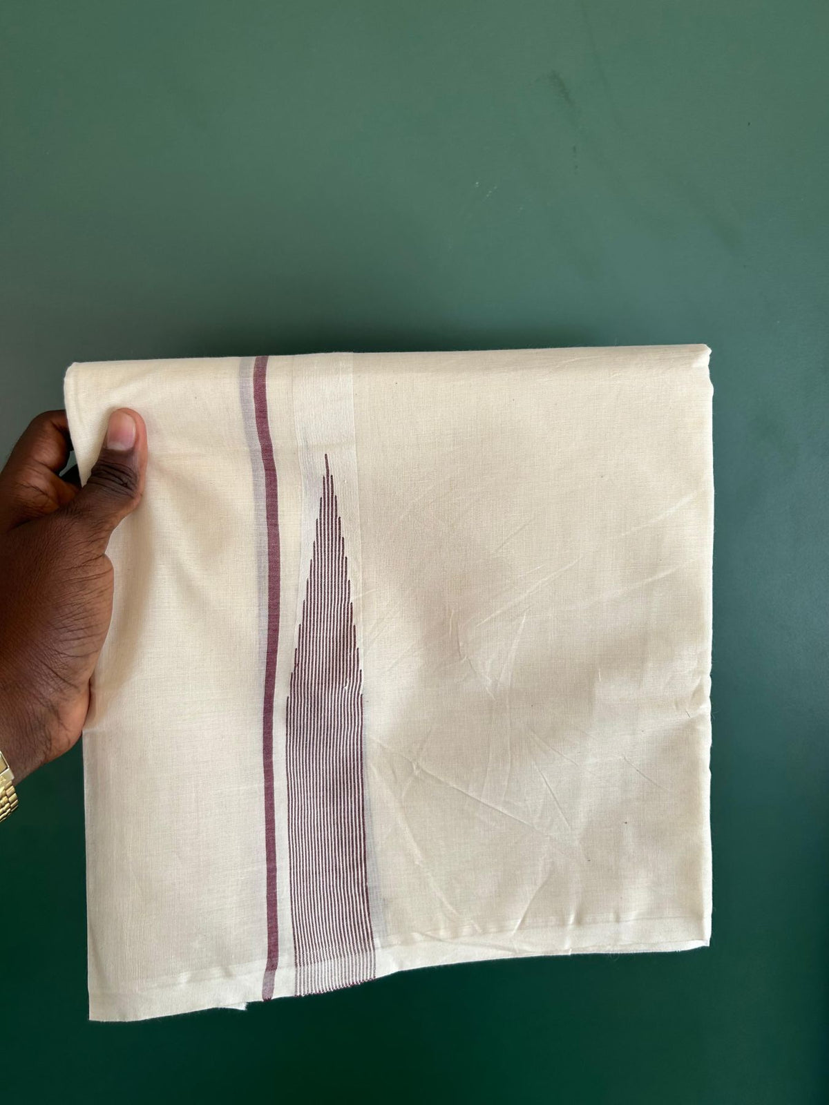 Double Off White (Unbleached) Mundu/Dhoti - 20% Discount!! KaithariKada Pulimood 100% Cotton 100X100 - 1 inch Puliyilakkara Brown Chutty Kara - 4 mtr (8.5 muzham) - 8 KK5545 ASH