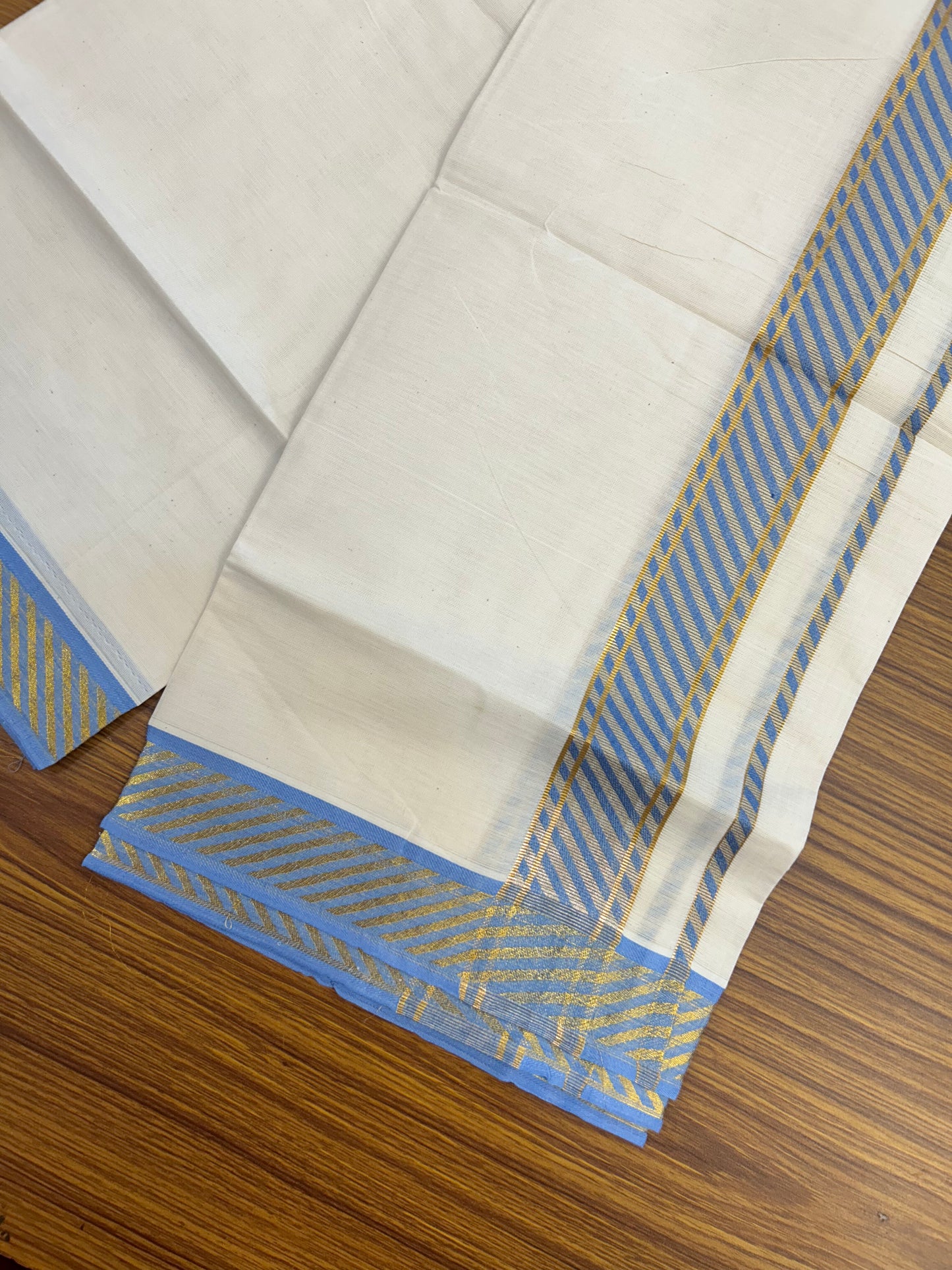 20% Discount ! KaithariKada Balaramapuram 100% Pure Cotton Single Off White Mundu/Dhoti - 30X70 - 1.5 inch Gold Kasav & Sky Blue Jacquard Design kara 2 mtr (4 Muzham) - 2 KK5327 CJT