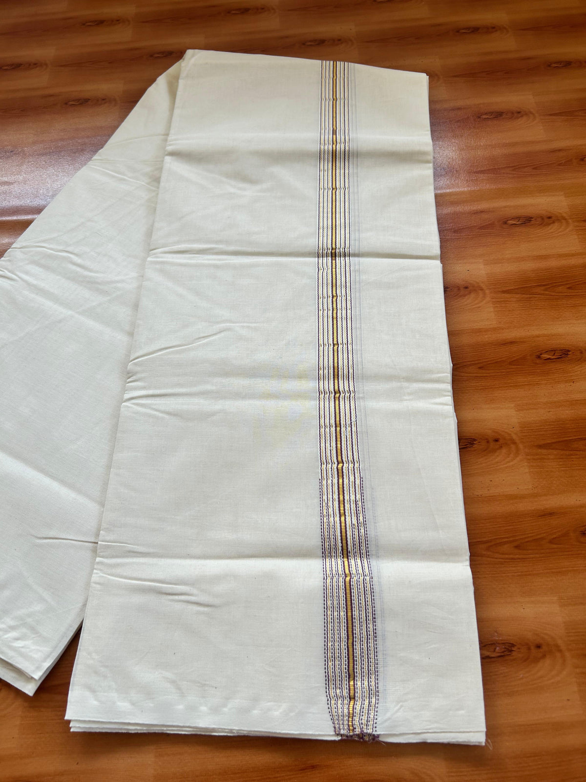 Double Off white Mundu/Dhoti - 20% Discount! KaithariKada - 100% Cotton  100x100 - 1 inch Puliyilakkara Gold Kasav & Light Purple 12 Line Chutty Kara - 4 mtr (8.5 muzham) -  11 KK5477 ASH
