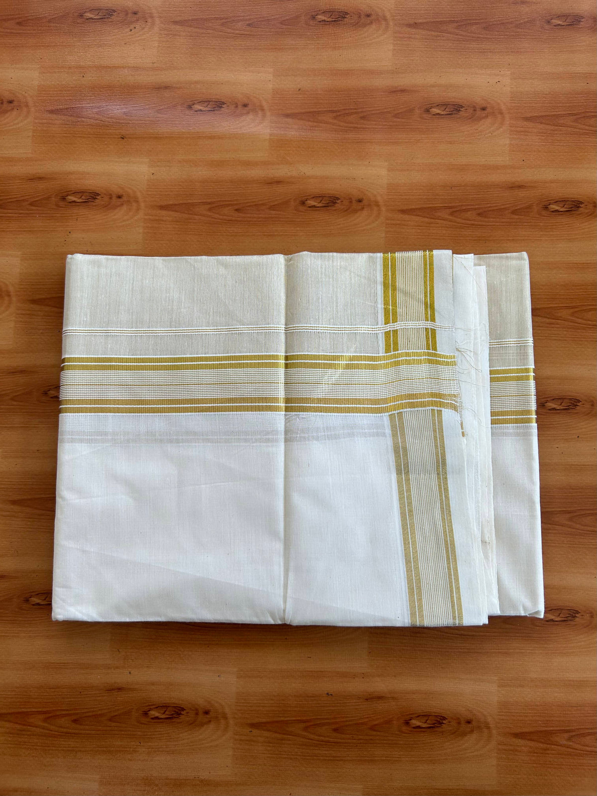 Double Off White Dhoti/Mund - 20% Discount! Kaitharikada Pulimood - Pure Cotton (60s) - 7.25 Inch Gold Kasav Tissue Striped Kara 4 mtr (8.5 muzham) - 11 KK5543 GAN