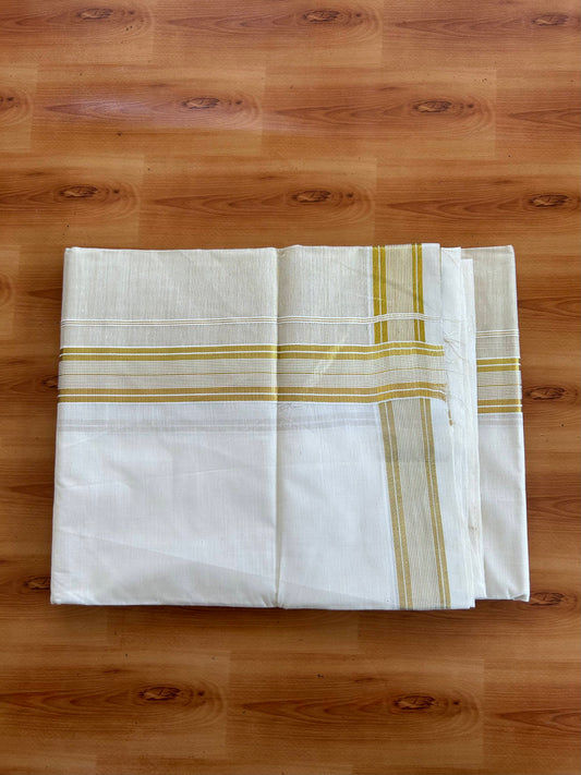 Double Off White Dhoti/Mund - 20% Discount! Kaitharikada Pulimood - Pure Cotton (60s) - 7.25 Inch Gold Kasav Tissue Striped Kara 4 mtr (8.5 muzham) - 11 KK5543 GAN
