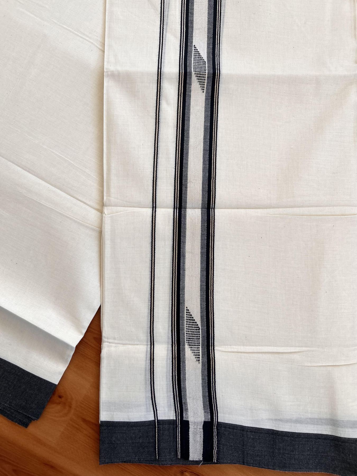Double Off White  Mundu/Dhoti- 20% Discount! KaithariKada Balaramapuram Pure Cotton - 100x80 - 1.5 inch Silver Kasav & Black Shaded Design Striped Kara - 4mtr (8.5muzham) - 22 KK5428 VAS