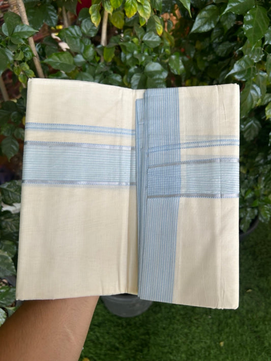 20% Discount ! KaithariKada Balaramapuram 100% Cotton Off White (Unbleached) Double Mundu/Dhoti - 80s - 1.75 inch Silver Kasav & Light Blue Shaded Stripes kara 4 mtr (8.5 muzham) - 21 KK5302 MUT