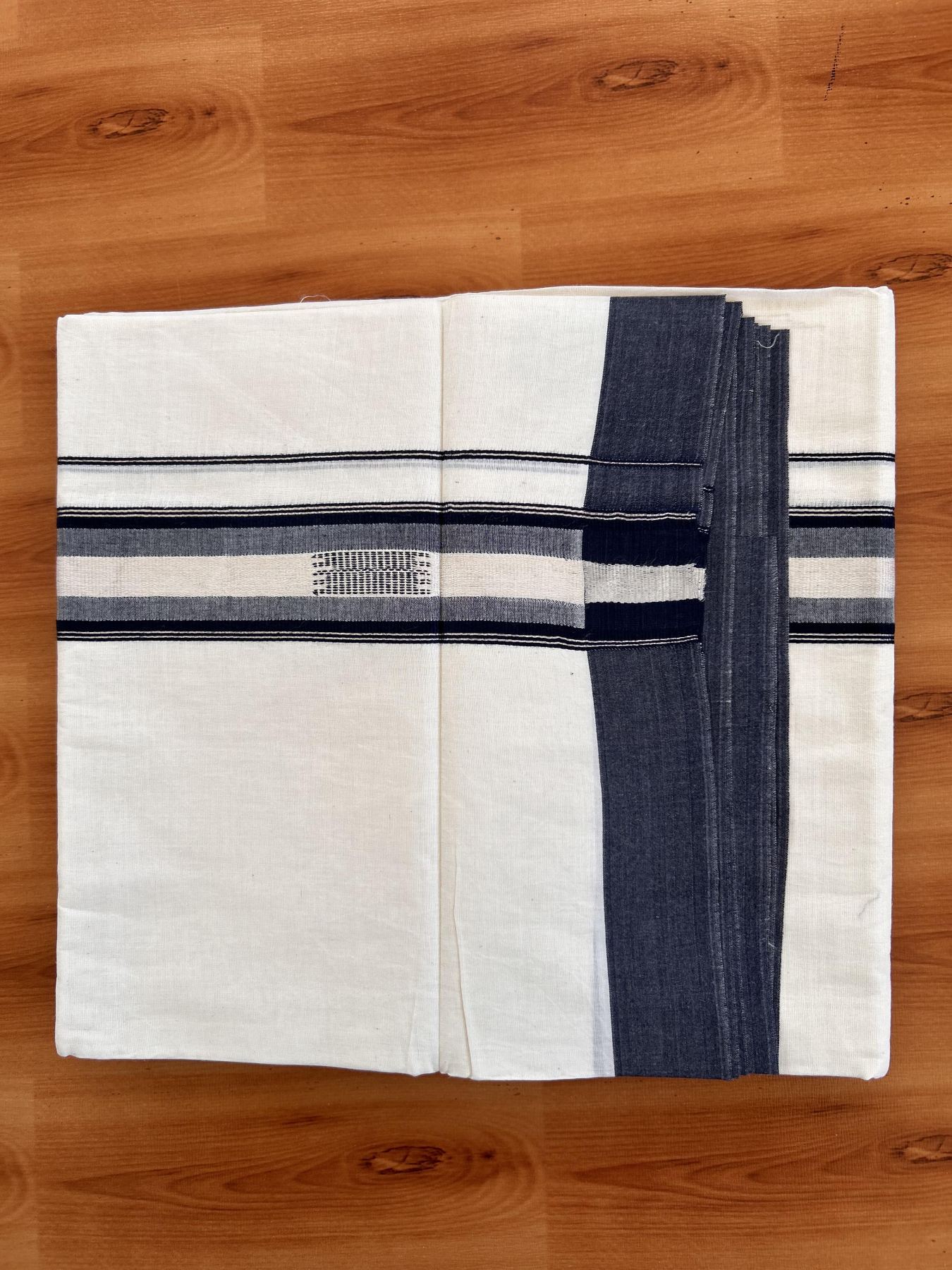 Double Off White  Mundu/Dhoti- 20% Discount! KaithariKada Balaramapuram Pure Cotton - 100x80 - 1.5 inch Silver Kasav & Navy Blue Shaded Design Striped Kara - 4mtr (8.5muzham) - 21 KK5428 VAS