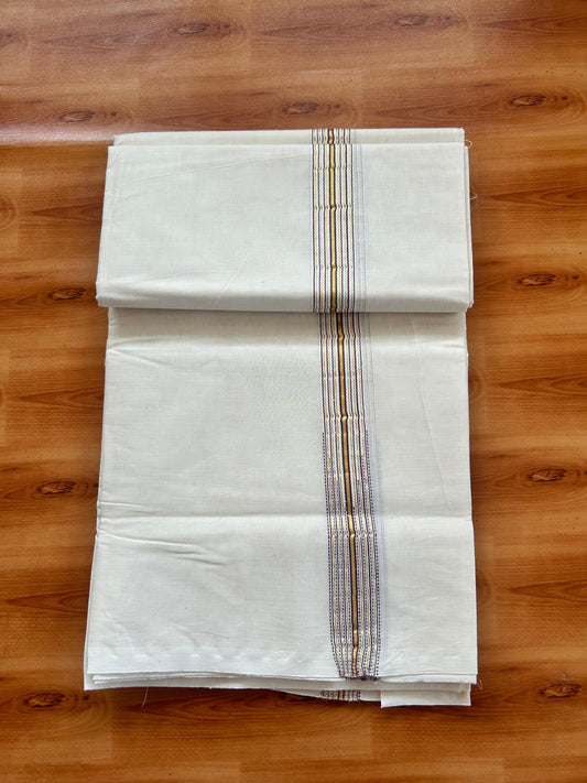 Double Off white Mundu/Dhoti - 20% Discount! KaithariKada - 100% Cotton  100x100 - 1 inch Puliyilakkara Gold Kasav & Light Purple 12 Line Chutty Kara - 4 mtr (8.5 muzham) -  11 KK5477 ASH