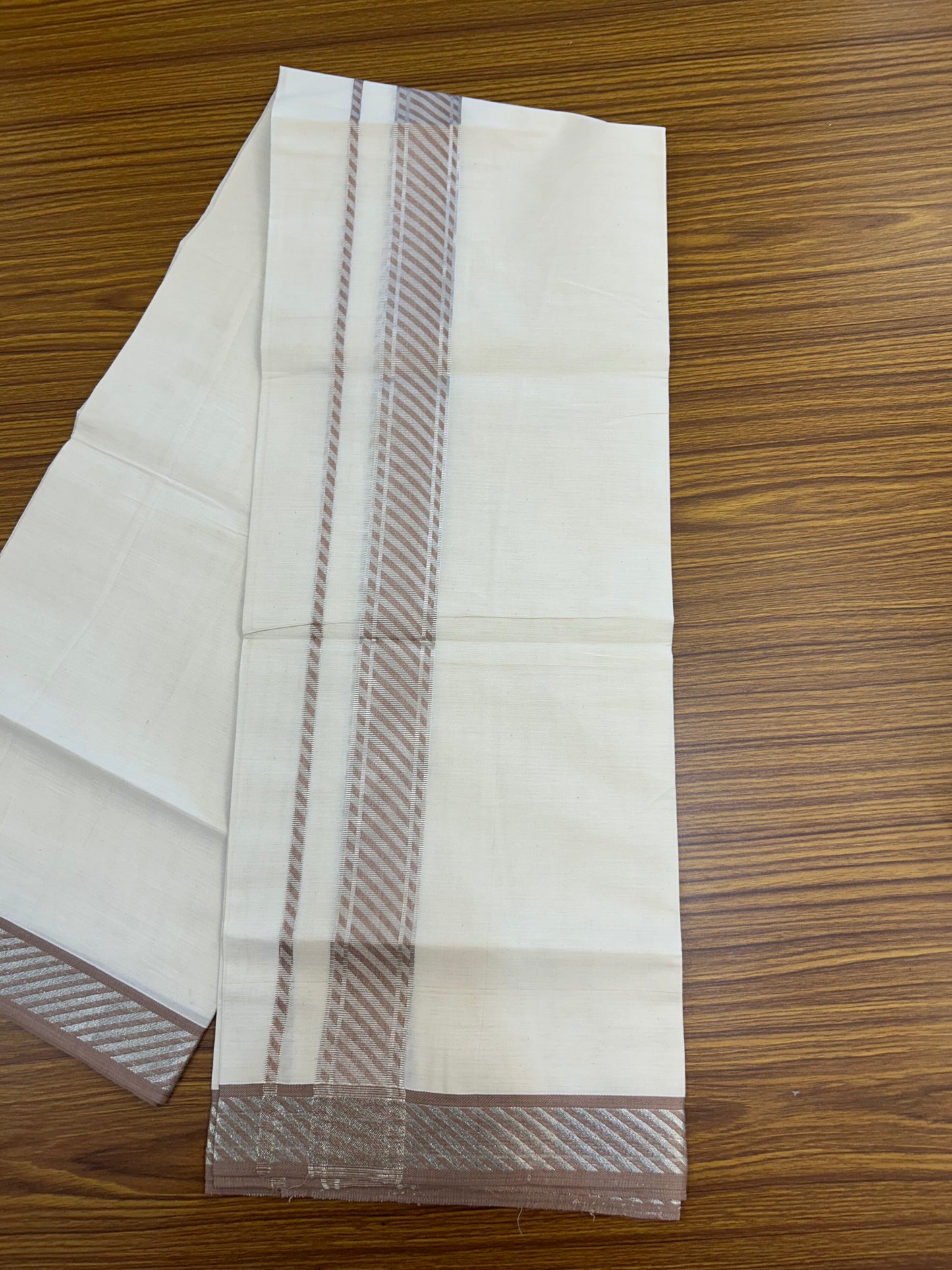 20% Discount ! KaithariKada Balaramapuram 100% Pure Cotton Single Off White Mundu/Dhoti - 30X70 - 1.5 inch Silver Kasav & Rosy Brown Jacquard Design kara 2 mtr (4 Muzham) - 6 KK5327 CJT